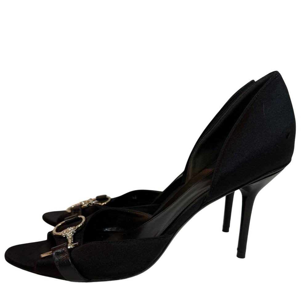 Gucci Black Satin Horsebit Crystal D'Orsay Open Toe Heels 9.5B Made in Italy